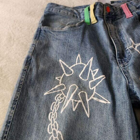 Salem7 Distressed Red Button Closure 32 Waist Denim Jeans With Graphic - Picture 4 of 14